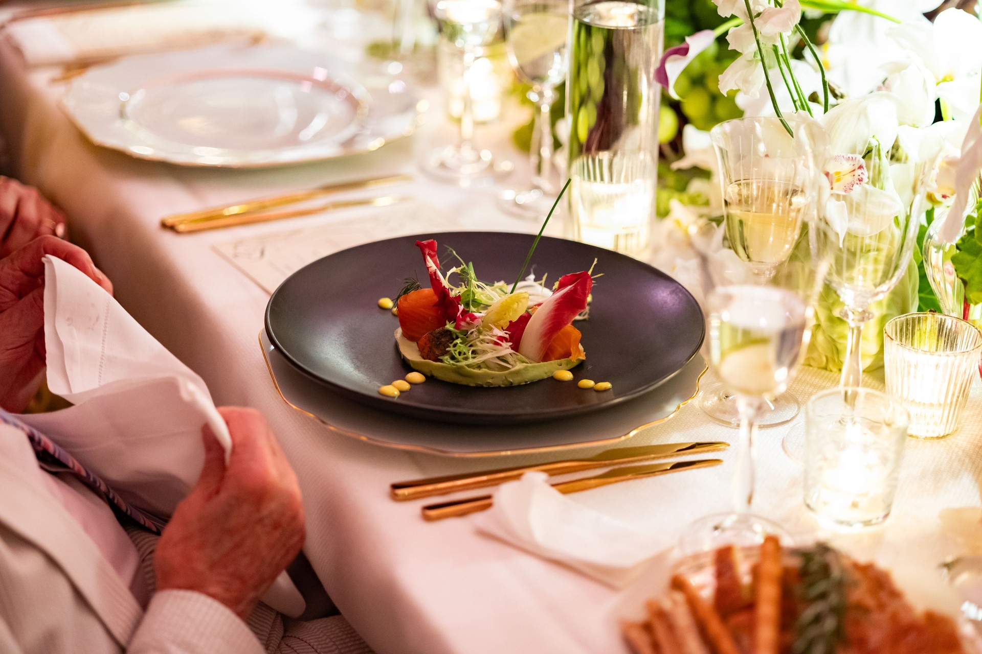 Elegant Appetizer Plated at Candlelit Formal Dinner Table